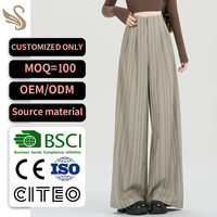 Pantalon palazzo plissé sur le devant à taille haute et à rayures fines pour femme, personnalisable (OEM)