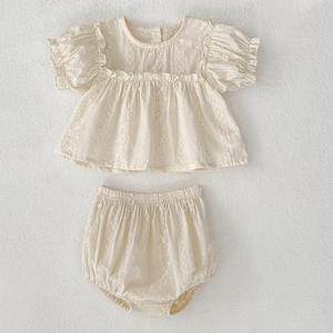 夏季新款西式婴儿套装格子图案粉扑袖娃娃上衣三角包屁股裤休闲婴儿服装套装 - Product Image 6