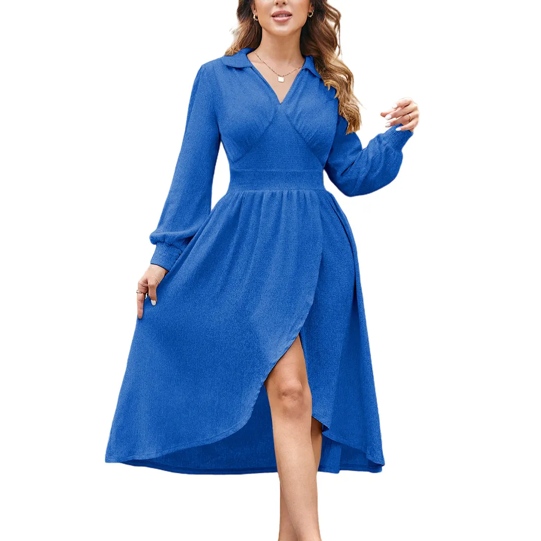 Neues Design Kleider Mode Kleidung Frauen V-Ausschnitt Split Midi Kleid