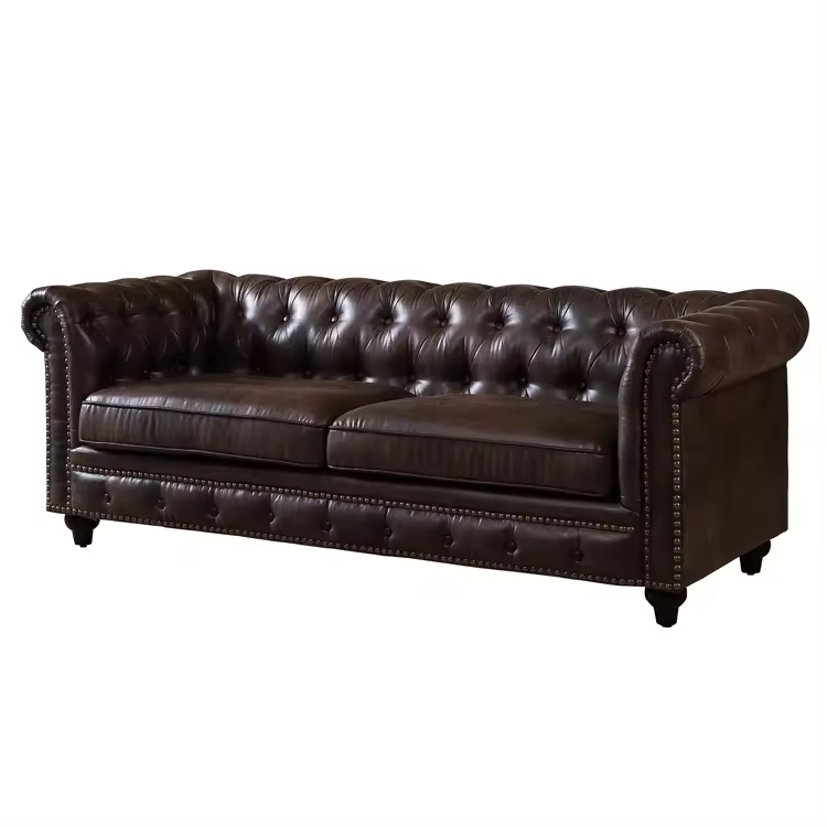 Retro Design Chesterfield Bruine Faux Lederen Getufte Bank 2 Zits Loveseat Woonkamer Bank Echt Lederen Chesterfield Bank