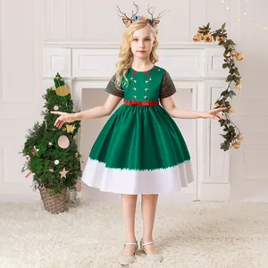 MQATZ 서양식 녹색 소녀 크리스마스 파티 드레스 키즈 공주 반팔 십대 코튼 드레스