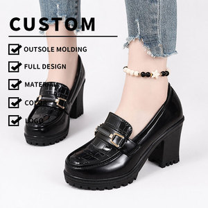 Nouvelles Chaussures <span class=keywords><strong>Femme</strong></span> Style Tendance à Talons Épais 8cm, Bout Rond, <span class=keywords><strong>Mocassins</strong></span> pour Dames avec Tige à Motif Quadrillé et Boucles sur les Deux Côtés CYu211-5 - Product Image 1