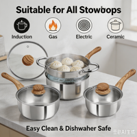 Batterie de cuisine moderne en acier inoxydable de style américain, avec casseroles et cuiseurs vapeur, poignées en bakélite anti-chaleur, compatible induction, écologique