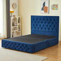 Divan-lit king size rembourré en velours bleu marine avec tiroir de rangement ottoman à boutons au design exclusif