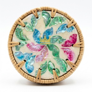 Handmade Rustic Round Shell Inlay Coaster Set Natural Rattan Beverage Mats Decorative Kitchen and Dining Accessories - Product Image 1