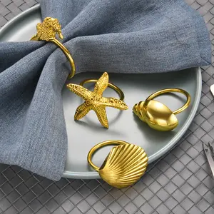 Fancy Decorative Seashell Seahorse Starfish Gold Metal Napkin Rings for Luxury Wedding Tabletop Rental Table Party Decorations