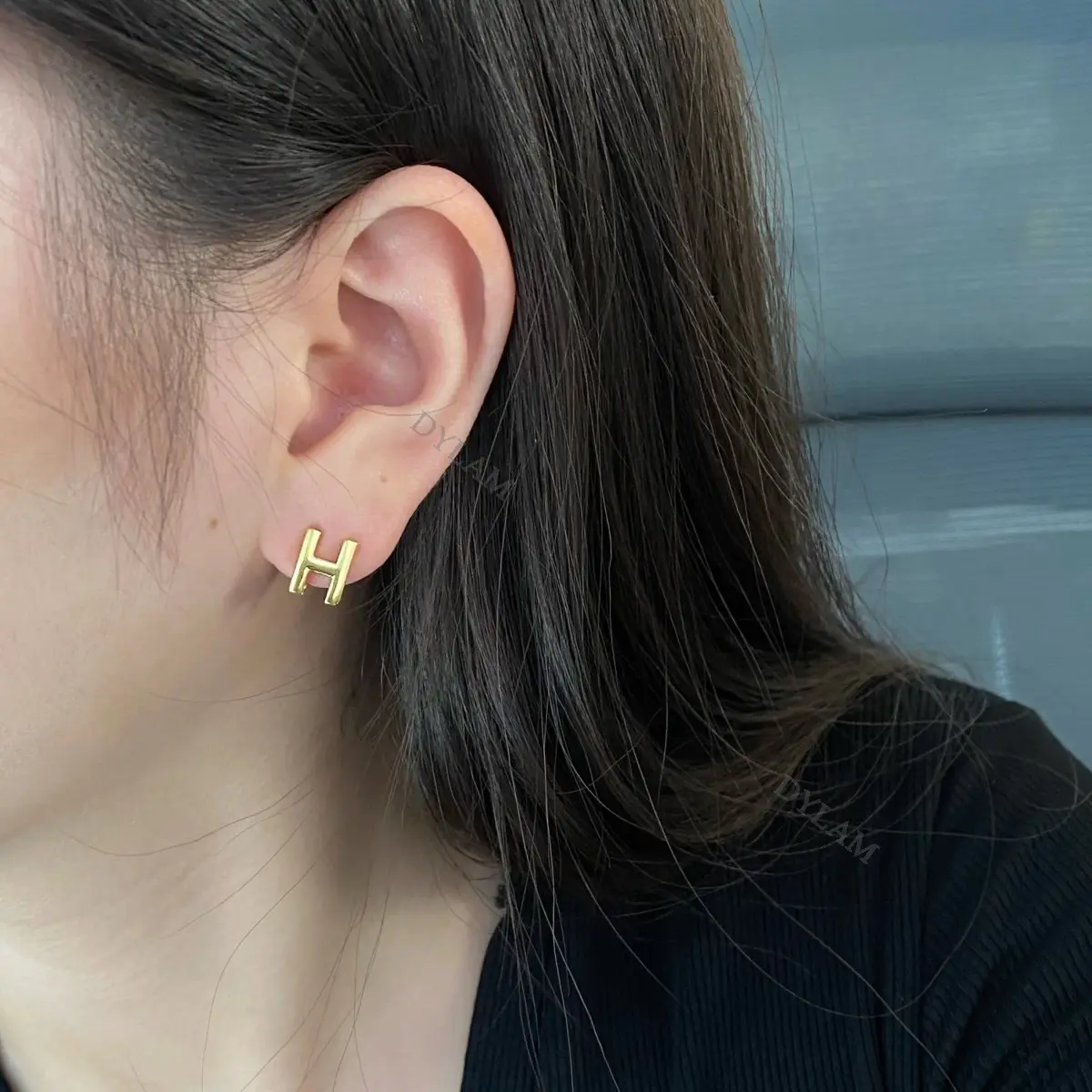 Dylam Trendy Sterling Silver Letters H Earrings Cute Stud 18K Gold Women Plated 925S Golden Letter small Ear rings