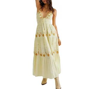 Vestido estético de playa 2000S Mujeres Flor Bordado Correa de espagueti Sin mangas Vestidos sin espalda Vestidos de fiesta bohemios - Product Image 2