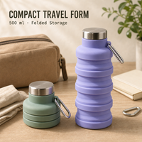 Bouteille d'eau pliable en silicone 500 ml avec couvercle en acier inoxydable, mousqueton et design de voyage pliable