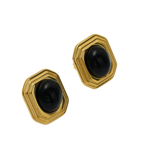 Geometric Stud Earrings Gold Black Stone Bezel Setting Party Fashion Jewelry Stainless Steel Octagonal Design - Product Image 5