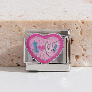 Nuevo Diseño, Charm Italiano de San Valentín en Inglés de 9 mm, Acero Inoxidable Plateado, Corazón Rosa, Pulsera con Charm Italiano - Product Image 4