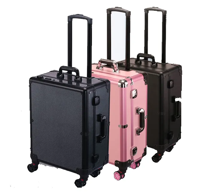 Large Hard Aluminum Cosmetic Rolling barber travel case portable station barber trolley case with wheels