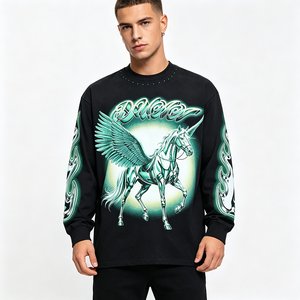Nueva Camiseta <span class=keywords><strong>de</strong></span> Hombre <span class=keywords><strong>de</strong></span> Manga Larga Negra con Cuello <span class=keywords><strong>de</strong></span> Punto Estampado <span class=keywords><strong>de</strong></span> Diamantes Pequeños, Estilo Rock Urbano, Oversize Vintage - Product Image 1