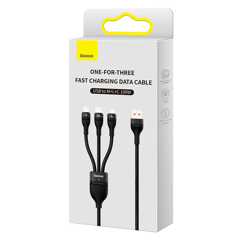 Baseus 100W 1.2m Flash Series One-for-three USB to M+L+C Fast Charging Data Cable