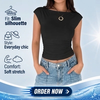 T-shirt court décontracté sexy Y2K à col bateau et manches courtes froncé, avec logo personnalisé OEM, pour femme, vente en gros