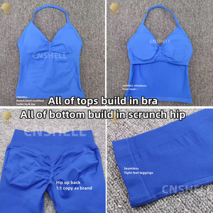 Set Sportivo CNSHELL Senza Cuciture da 9 Pezzi con Pantaloncini Arricciati sui Fianchi, Leggings, Reggiseni Integrati, Reggiseno Sportivo a Fasce ad Alto Impatto, Canotta, Giacca per Palestra - Product Image 4
