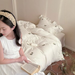 Parure de lit quatre pièces brodée effet crème, 100 % pur coton à fibres longues, drap-housse respirant, housse de couette, usage domestique - Product Image 4