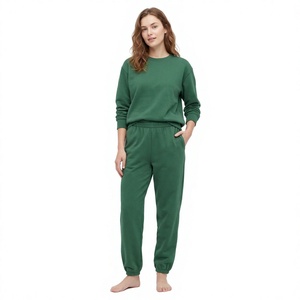 Plus Size Women's Green <b>Fleece</b> <b>Sweatshirt</b> Jogger Set Crew Neck Solid Color Casual Loose Fit Lounge Wear Full Length Pockets 300g - Product Image 1