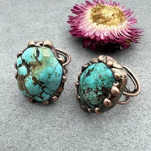 Natural retro style new design big natural stone finger rings turquoise jewelry adjustable antique bronze ring for men gifts