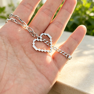 Collier chaîne trombone avec pendentif cœur pixelisé, ton <span class=keywords><strong>argent</strong></span>é, design ajouré à maillons superposés, bijoux pour femme, vente en gros 1125 - Product Image 2