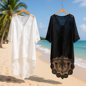 HDJ Copricostume Kimono in Pizzo, Abito da Spiaggia a Maniche Lunghe con Scollo a V Asimmetrico, Vestibilità Ampia, Lunghezza Midi, in Chiffon Traspirante, Taglie Forti, Bianco Nero 88023 - Product Image 2