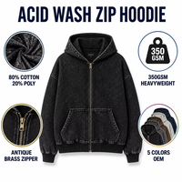 Hoodie Zipper Penuh Acid Wash Grosir Stok Lokal AS Logo Kustom 5 Warna Vintage Streetwear untuk Unisex Pengiriman Cepat OEM