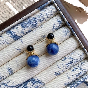 Pendientes Elegantes Retro Simples con Doble Cuentas para Mujer, Azules, Exquisitos, con Bola de Lapislázuli, Plata S925, Estilo Francés, Oro Fino - Product Image 2