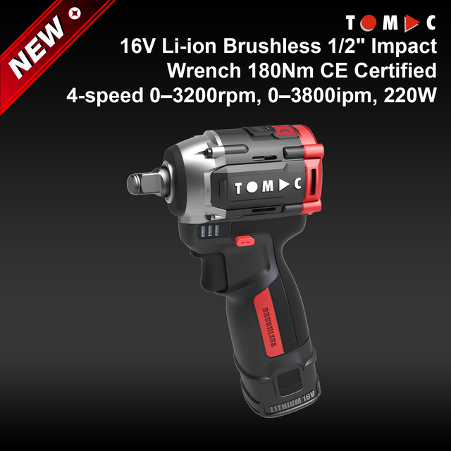 TOMAC Pro 16V Li-ion Brushless 1/2" Impact Wrench 180Nm CE Certified Auto Repair/Tire Change