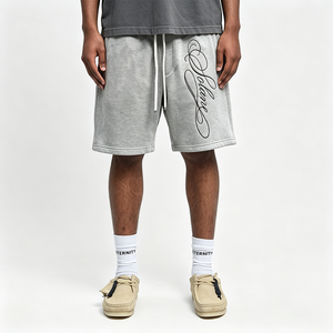 Pantalones Cortos Deportivos Grises para Hombre, Bordado de Letras Cursivas, Estilo Urbano, Cintura Elástica, Holgados, Casuales, de Algodón, para Verano - Product Image 3