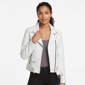 White Real Leather Biker <b>Jacket</b> Wide Notch Lapel Zipper Pocket Fitted Modern Female Streetwear Outerwear Leather <b>Jackets</b> - Product Image 4