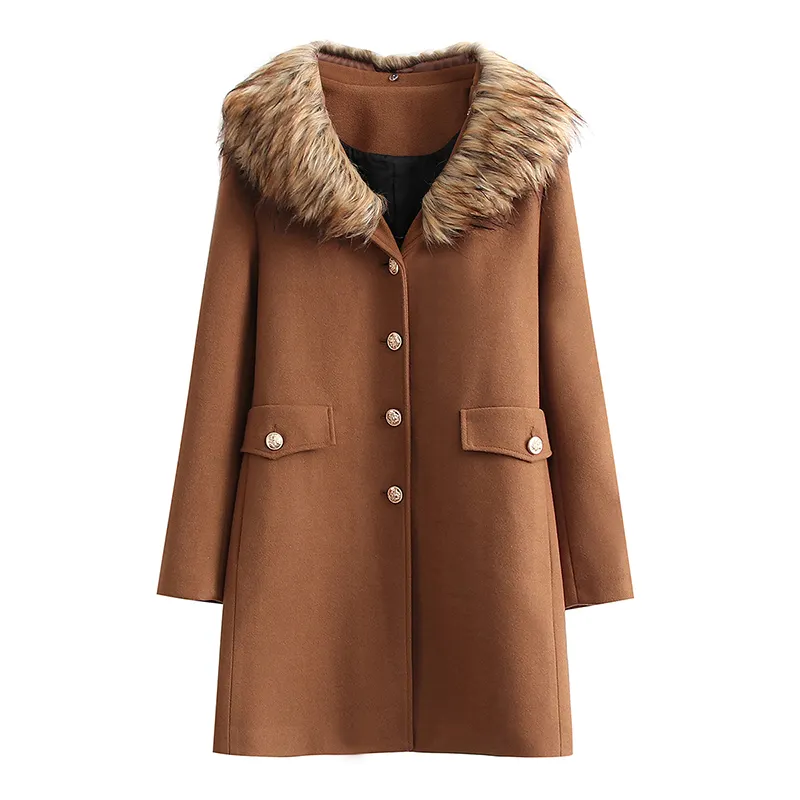 Brown color single breasted long sleeve fur turn down collar woman fashion casual jacket coat