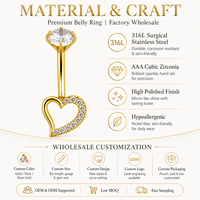 Anneaux de nombril en acier chirurgical 316L avec zircon CZ, croix dorée, cœur, coquillage, soleil, lune, baguette – Bijoux de piercing pour femme