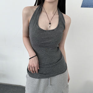 Top en maille à col en U rayé pour femmes, dos nu, sans manches, style Y2K, décontracté, polyvalent, pour l'été - Product Image 5