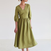 Découpe évasée col en V ample personnalisé 100% pur lin robes mi-longues élégant manches courtes bouffantes femmes luxe 2022 avec fermeture éclair bouton