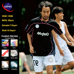 QZFSO OEM Custom Teamwear Sportswear Loose Fit Retro V-Neck Polo Football Shirt Blokecore Contrast Piping <b>Mesh</b> Soccer Jersey - Product Image 1