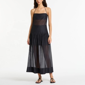 Été 2023 Elegant Loose Large Size Silk Satin Fabric for Clothing Halter Slip Black Maxi Dresses Ladies Sleeveless Long Dress - Product Image 2