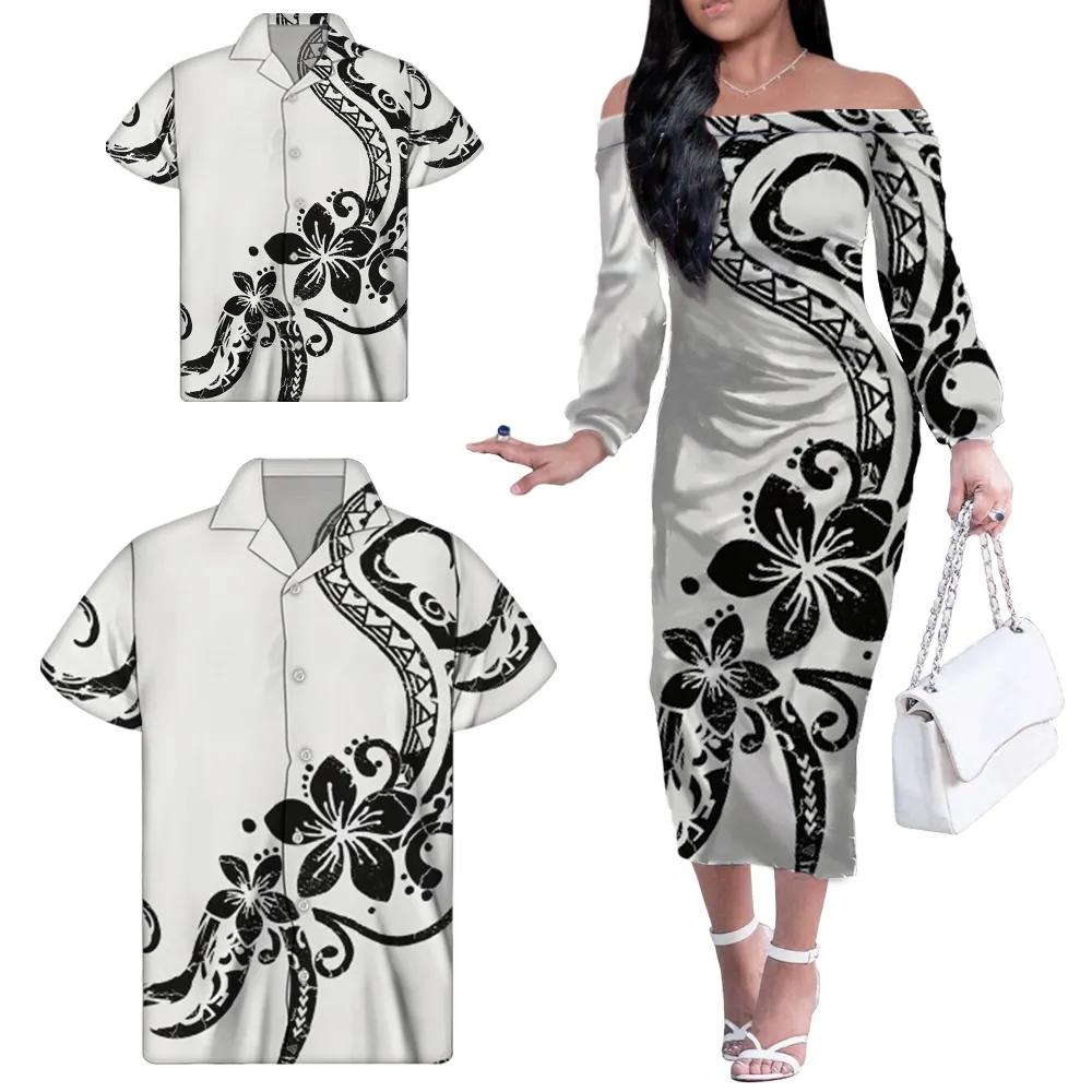 Benutzer definierte Familien-Matching-Outfits Schwarzes polynesisches Stammes-Blumen-Off-Shoulder-Kleid Passendes Herren hemd und Kinder hemd Elegantes Kleid