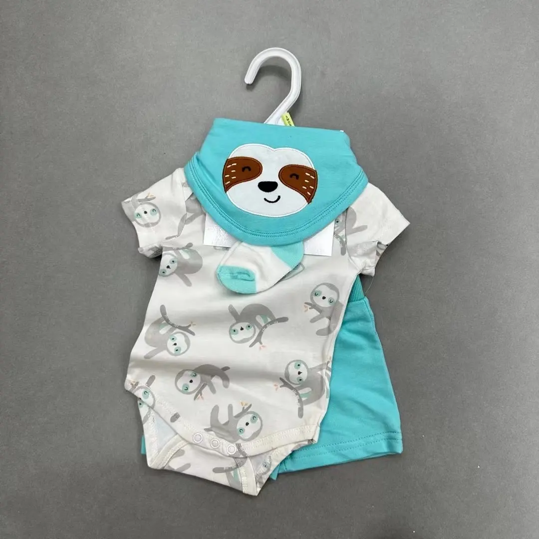थोक बच्चा 2024 उच्च गुणवत्ता वाले नए सूती प्यारे प्रिंट पैटर्न 4/टुकड़ा नवजात शिशु ग्रीष्मकालीन शिशु के कपड़े सेट 0-9 महीने पुराने