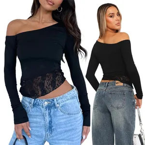 customizable women female ladies cotton black cold off one shoulder long sleeve fitted lace bottom plain top t shirt for women