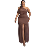 Robe longue asymétrique froncée grande taille L-5XL pour femme, avec fente en maille, élégante pour soirée, mariage ou événement formel