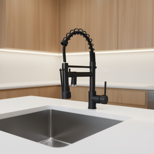 Robinet de cuisine monocommande DB avec douchette extractible et rotative, en acier inoxydable noir brossé, à poser sur comptoir, style contemporain - Product Image 2