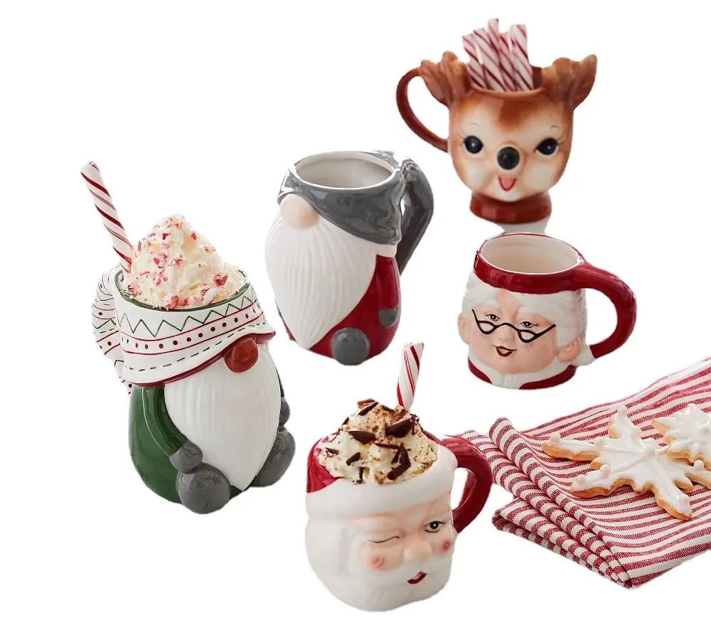 เซรามิกที่กำหนดเองคริสต์มาสแก้วกาแฟของขวัญ Creative Xmas 3d Santa Snowman Moose แก้วกาแฟออกแบบ