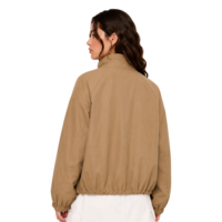 Veste coupe-vent kaki pour femme avec logo personnalisé, col montant à cordon de serrage, fermeture éclair intégrale, manches raglan, poignets élastiques, manteau court d'extérieur