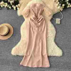 Vestido Midi Casual de Verano Elegante sin Tirantes de Encaje Tejido de Satén para Mujer, sin Mangas, con Corte Imperio, Bordado Digital 100% - Product Image 1