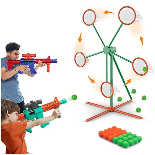 射撃ゲームキッズおもちゃスポーツ & 移動射撃ターゲットと2つのポッパーエアおもちゃの銃と24のフォームボール、男の子へのギフトを備えた屋外ゲーム