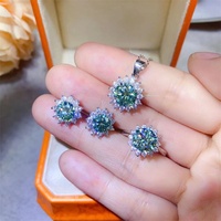 Parure de bijoux de luxe en argent sterling 925 avec moissanite verte, motif tournesol, comprenant bague, boucles d'oreilles clous et pendentif, cadeau de mariage pour femme
