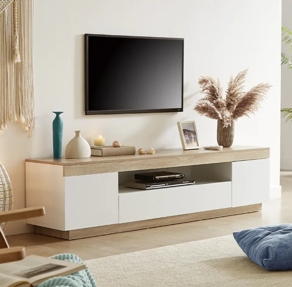 Soportes de TV de grano de madera con encanto natural, laminación de melamina, mueble de TV de estilo costero MDF, Unidad de TV para sala de estar