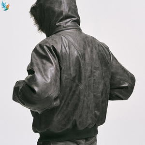 <span class=keywords><strong>Manteau</strong></span> d'hiver surdimensionné noir style aviateur avec capuche en fourrure, veste bomber en cuir vieilli vintage pour <span class=keywords><strong>homme</strong></span> - Product Image 4