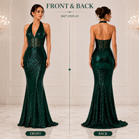Robe de soirée sirène vert émeraude à sequins pour femme, col halter, décolleté plongeant, corset transparent, collection de robes de gala formelles pour occasions spéciales