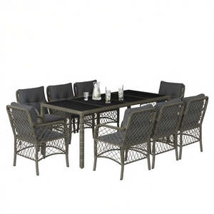 Ensemble de salle à manger de jardin en rotin gris 8 places, mobilier d'extérieur résistant aux intempéries, design contemporain - Product Image 1